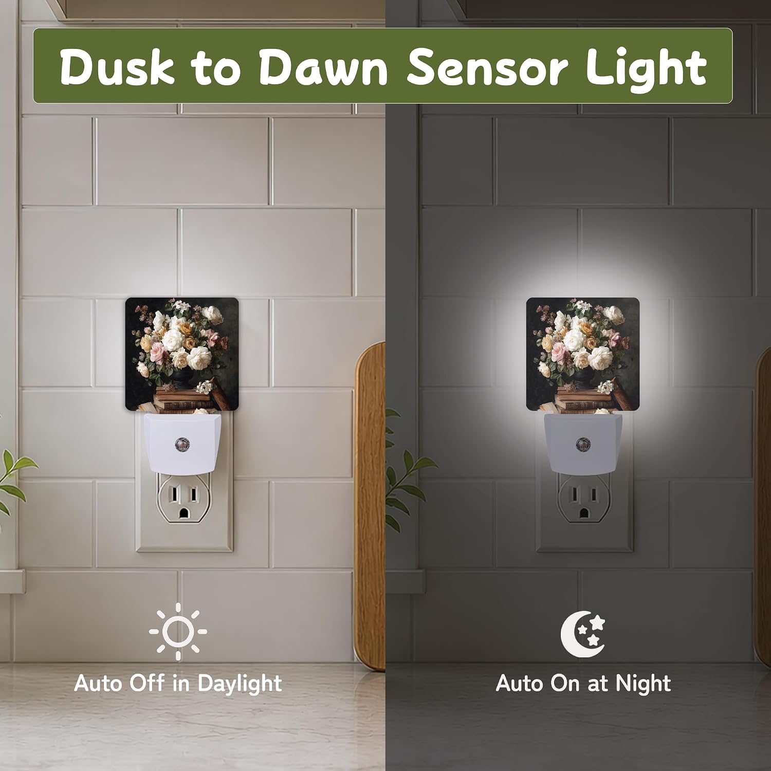 Night Light, Vintage Roses Book Night Lights Plug into Wall Decor for Bedroom Bathroom Hallway Kitchen, Dusk to Dawn Sensor Gift for…