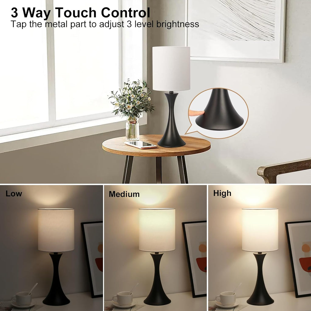 Seaside village 3 Way Touch Control Table Lamp, Modern Bedside Lamp for Bedroom, Dimmable Black Nightstand Lamp White Shade Desk Reading…