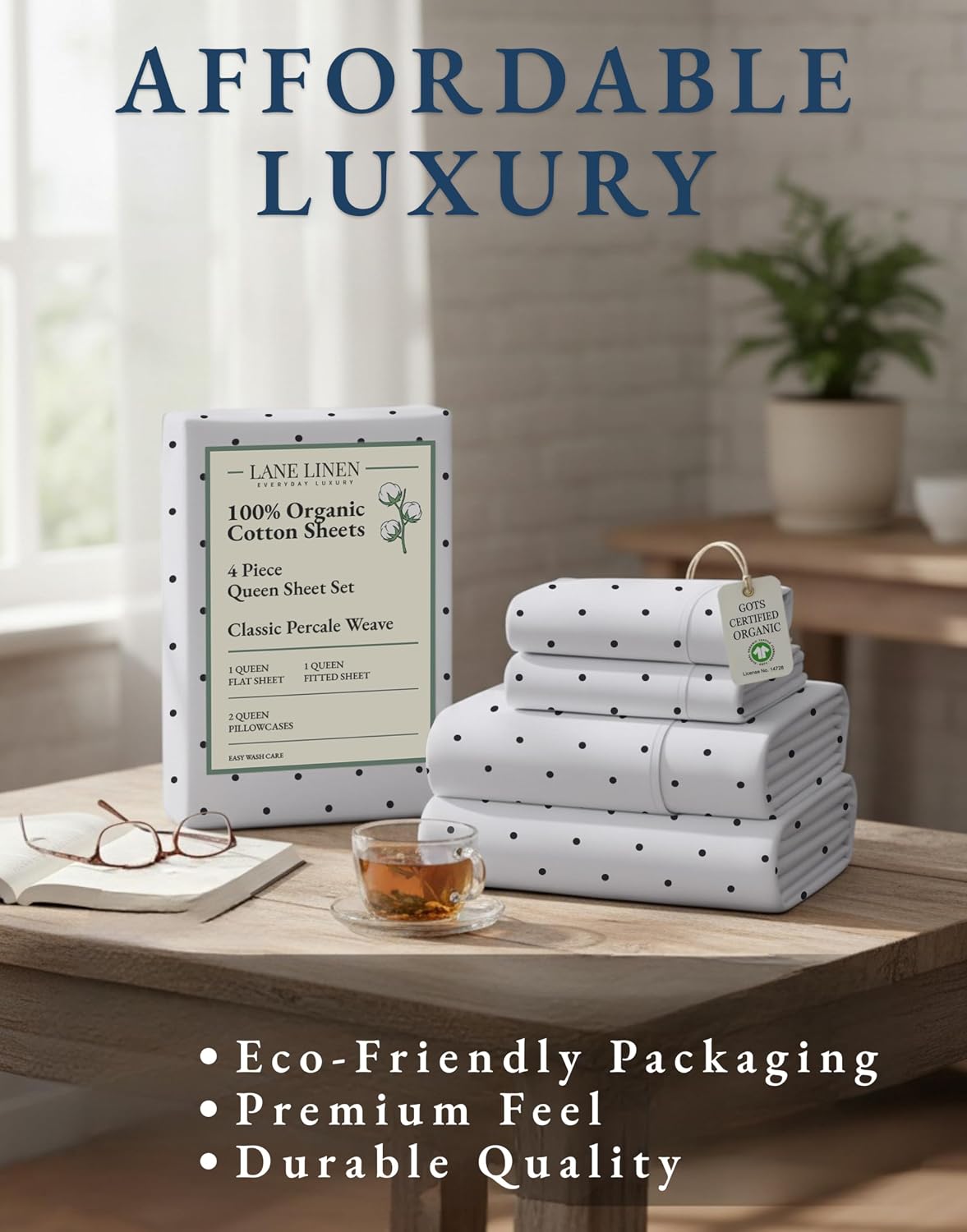 LaneLinen LANE LINEN reusable 100% Organic Cotton Queen Bedsheet Sets, Luxury Printed Cotton Sheets Fully Elasticized Low Pill Fade Res…