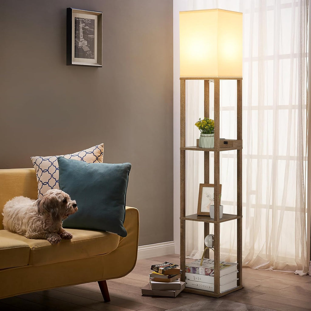 Mlambert Modern Shelf Floor Lamp with Wireless Charger & Fast Charging USB Ports & Type C Port & 2 Power Outlets,3 Tier Storage Lamp for…