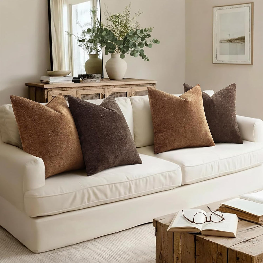 decorUhome Chenille Throw Pillow Covers 18x18 Set of 2, Square Decorative Pillow Covers with Zipper for Couch, Sofa, Living Room, Taupe