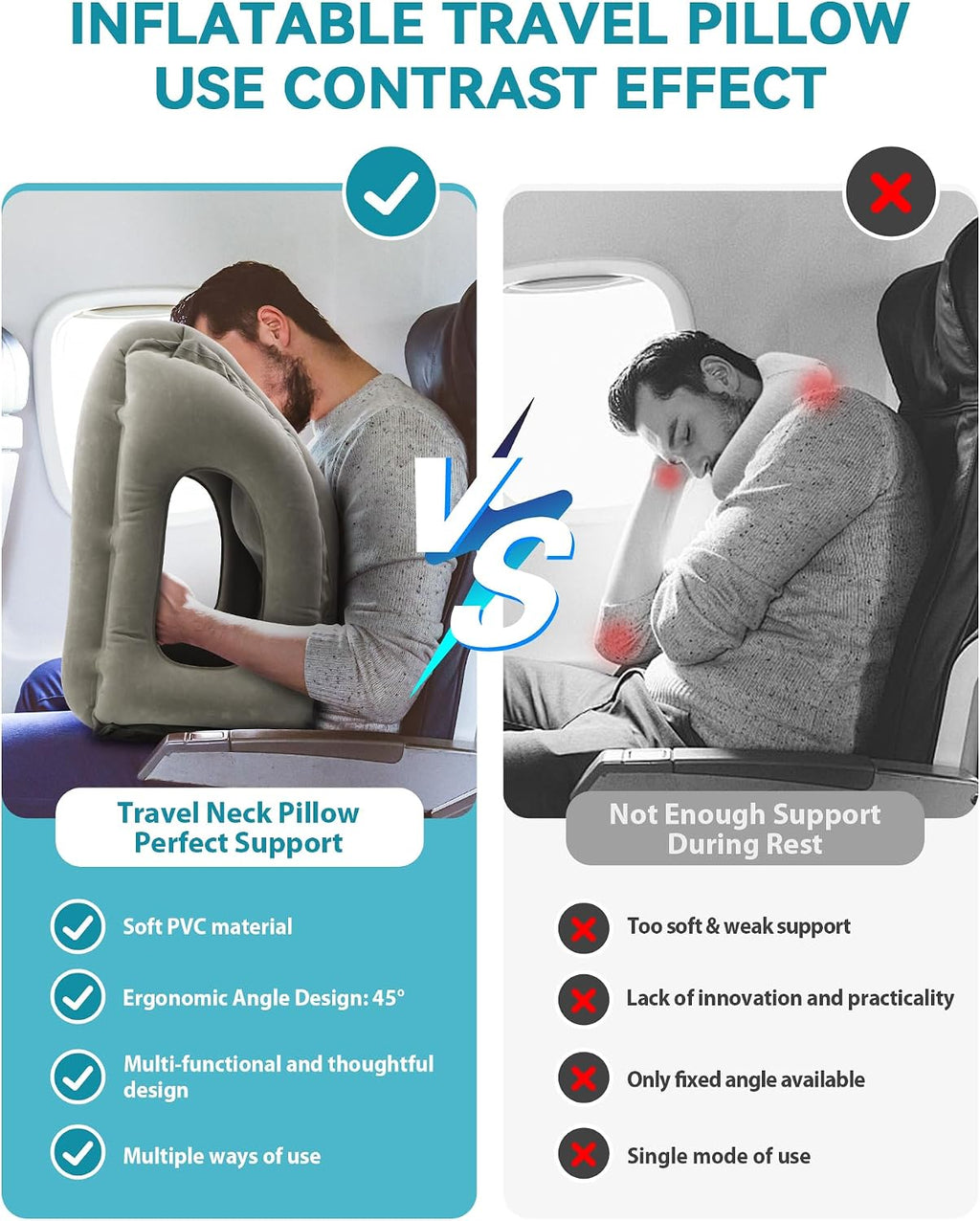 Inflatable Travel Pillow, Airplane Neck Pillow Comfortably Supports Head and Chin for Airplanes, Trains, Cars Office Napping on The Tray…