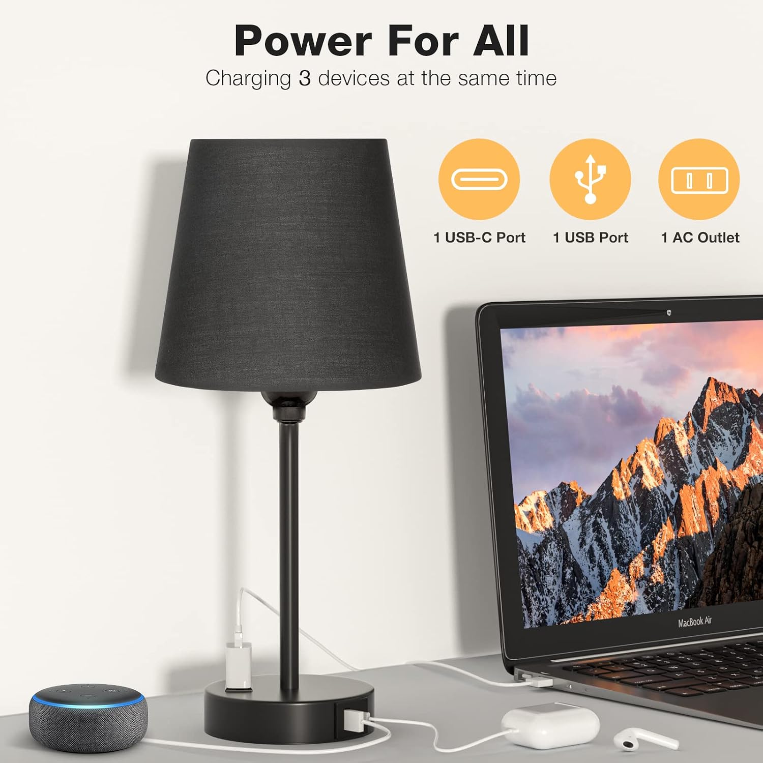 Black Lamp for bedrooms Set of 2 - Nightstand Bedroom Lamp with USB C Port and AC Outlet Charging, 3 Way Dimmable Touch Control Bed Side…
