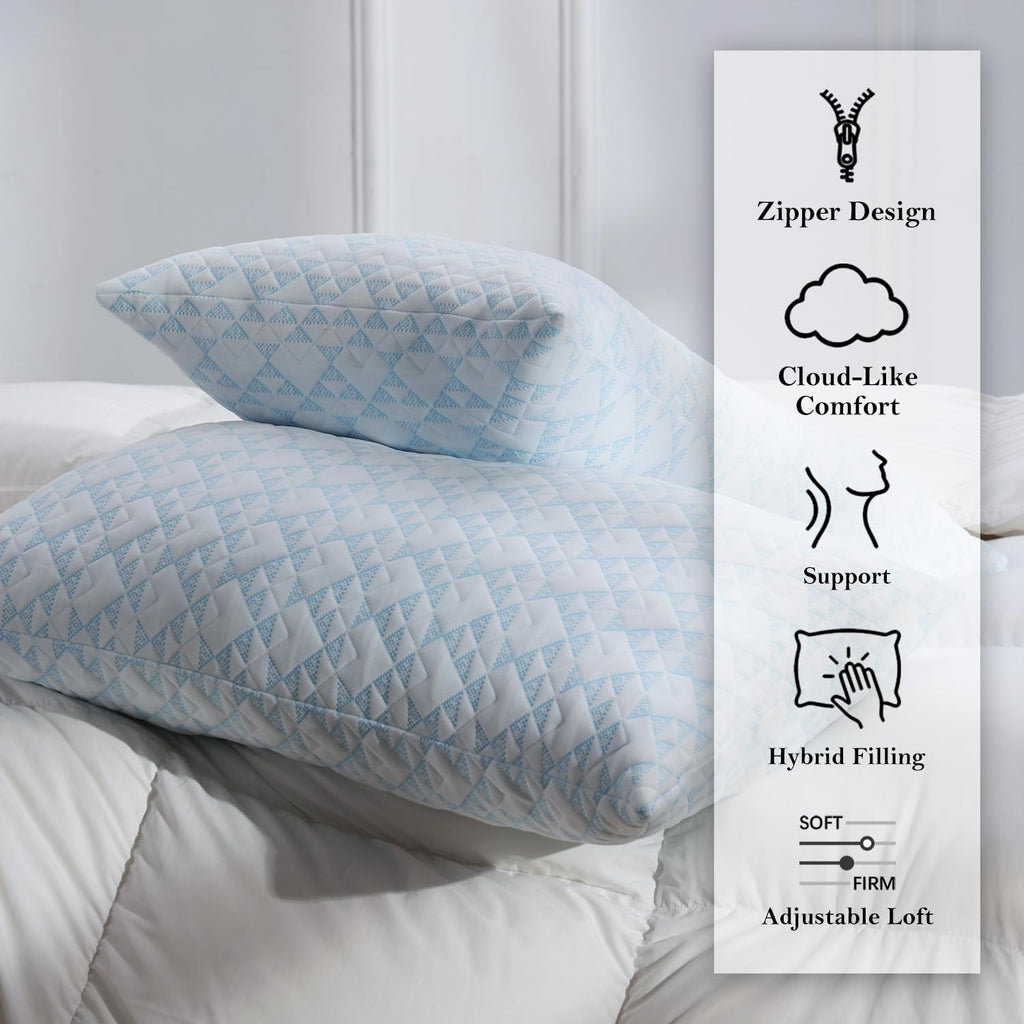 Meoflaw Adjustable Memory Foam Bed Pillows:Queen Size Shredded Foam Pillow Set of 2 for Sleeping with Removable & Washable Pillowcase for B…