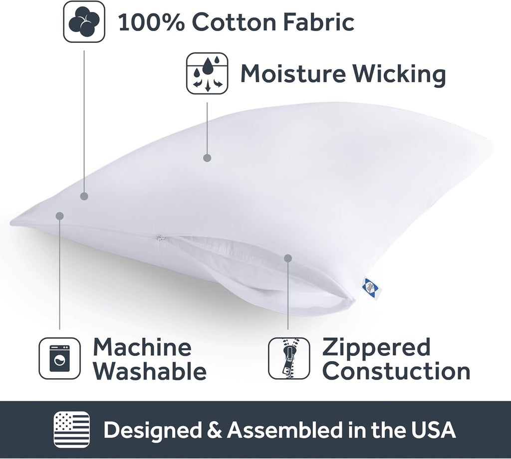 Sealy Performance 100% Cotton Breathable Moisture Wicking Fabric Machine Washable Zippered Pillow Protector, Standard/Queen Size, 2 Pack, W…