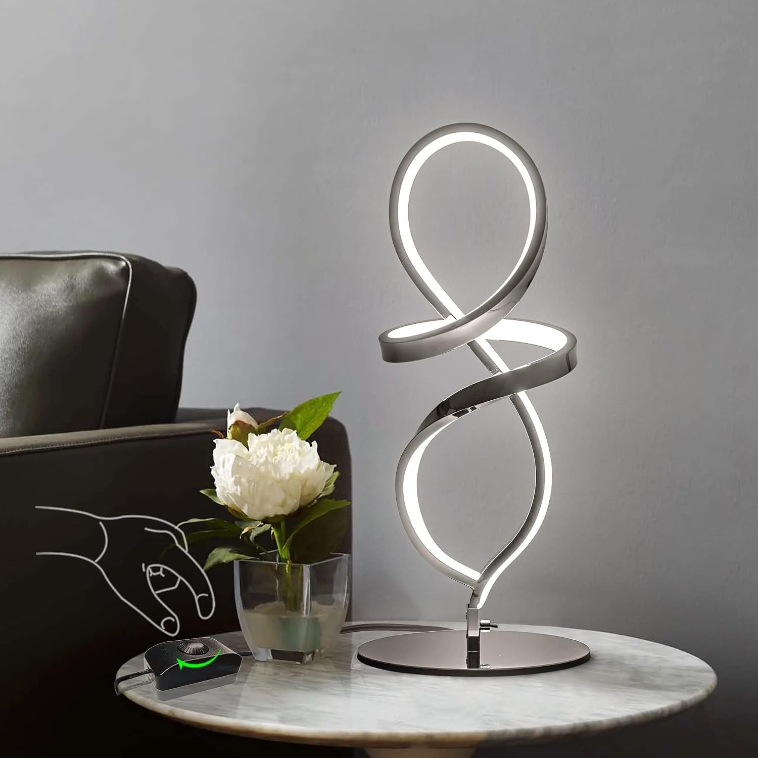 Mayful Modern Table Lamp with LED Unique Spiral Design, Small Nightstand Lamp with Stepless Dimming Switch, Chrome Bedside Lamps for…