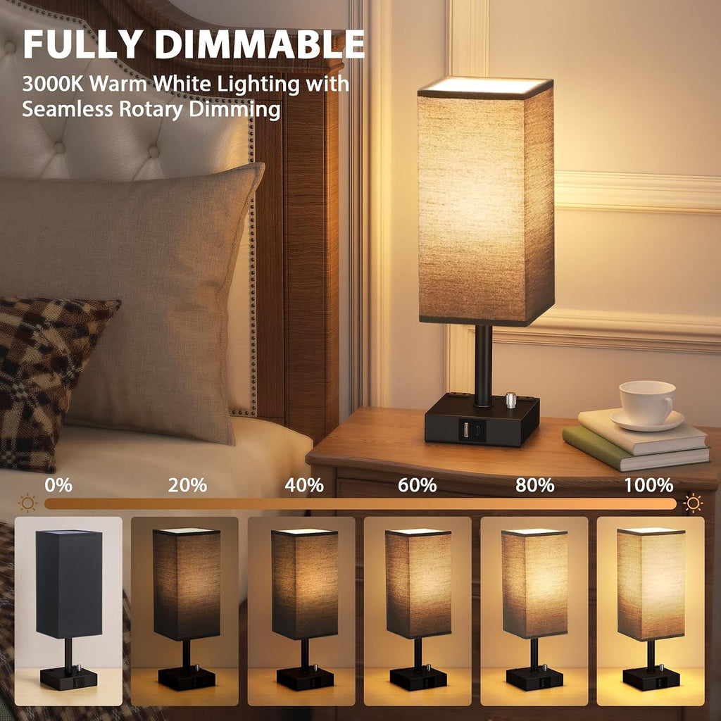 aooshine Black Fully Dimmable Nightstand Lamps Set of 2 - Table Bedside Lamp with USB C+A Charging Ports & 2 AC Outlets, Square Lamp Sets…