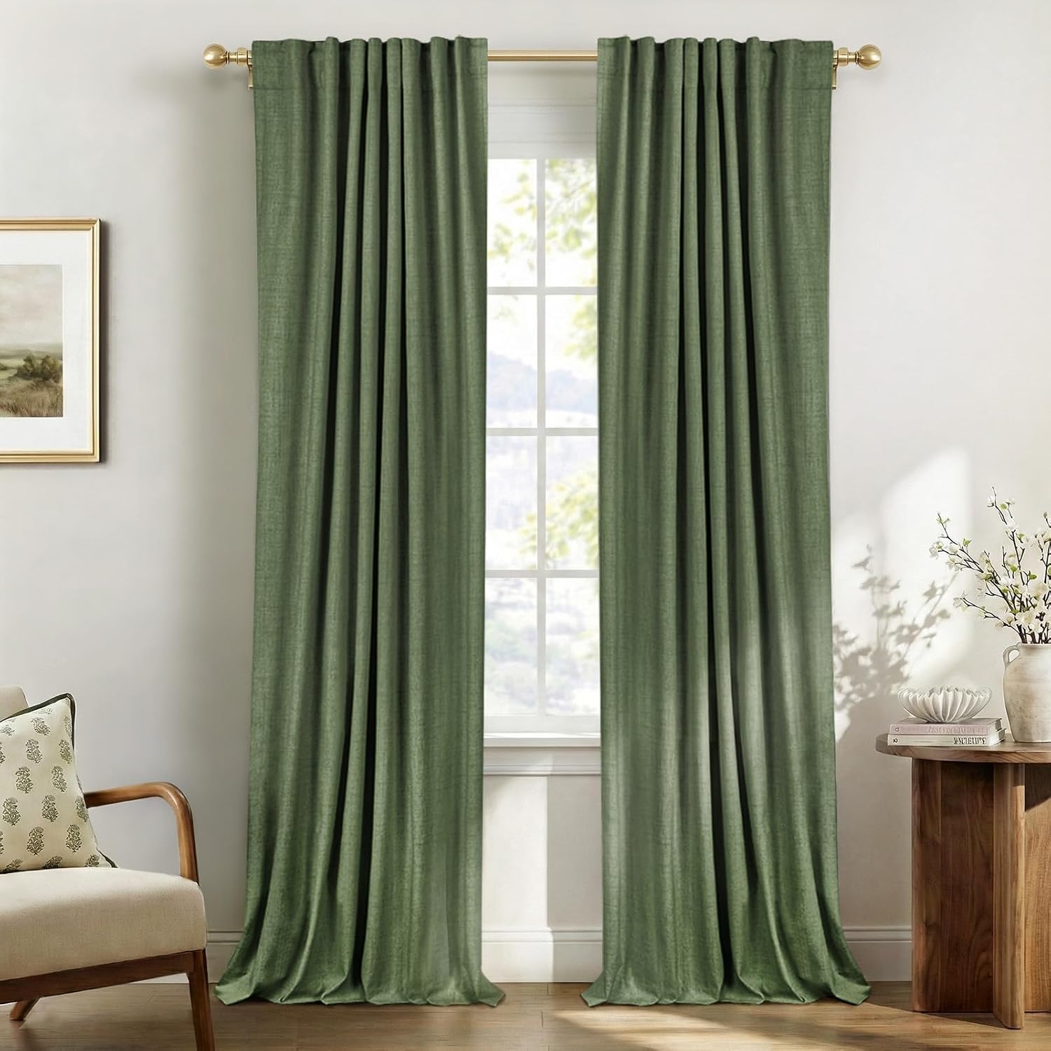 100BlackoutShield 100% Blackout Shield Olive Green Linen Blackout Curtains for Bedroom 84 Inches Long, Back Tab/Rod Pocket Living Room Drap…