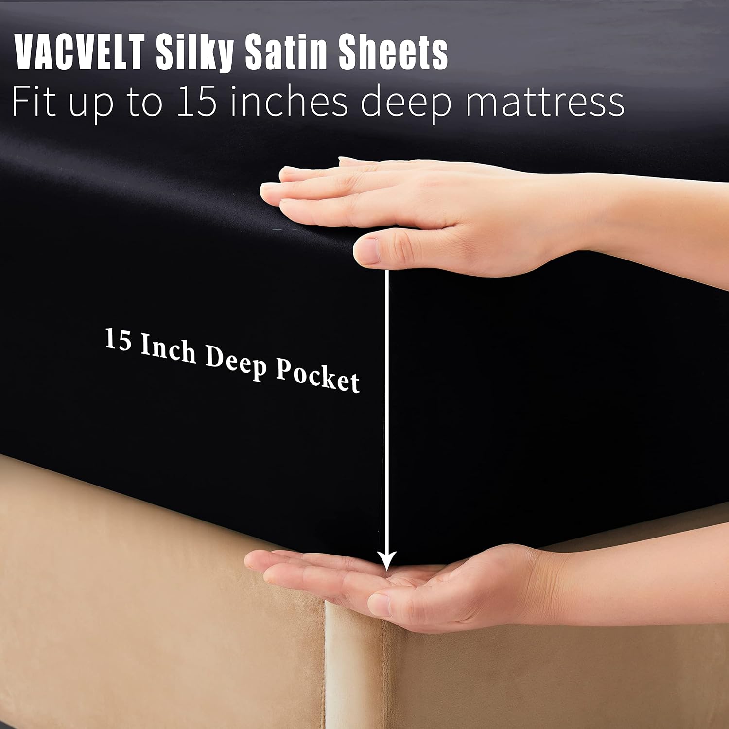 VACVELT 4pcs Black Satin Sheets Full Size Bed Set, 15 Inch Deep Pocket Silky Satin Sheet Set, Soft Satin Bedding Set Cooling & Luxury Bed…