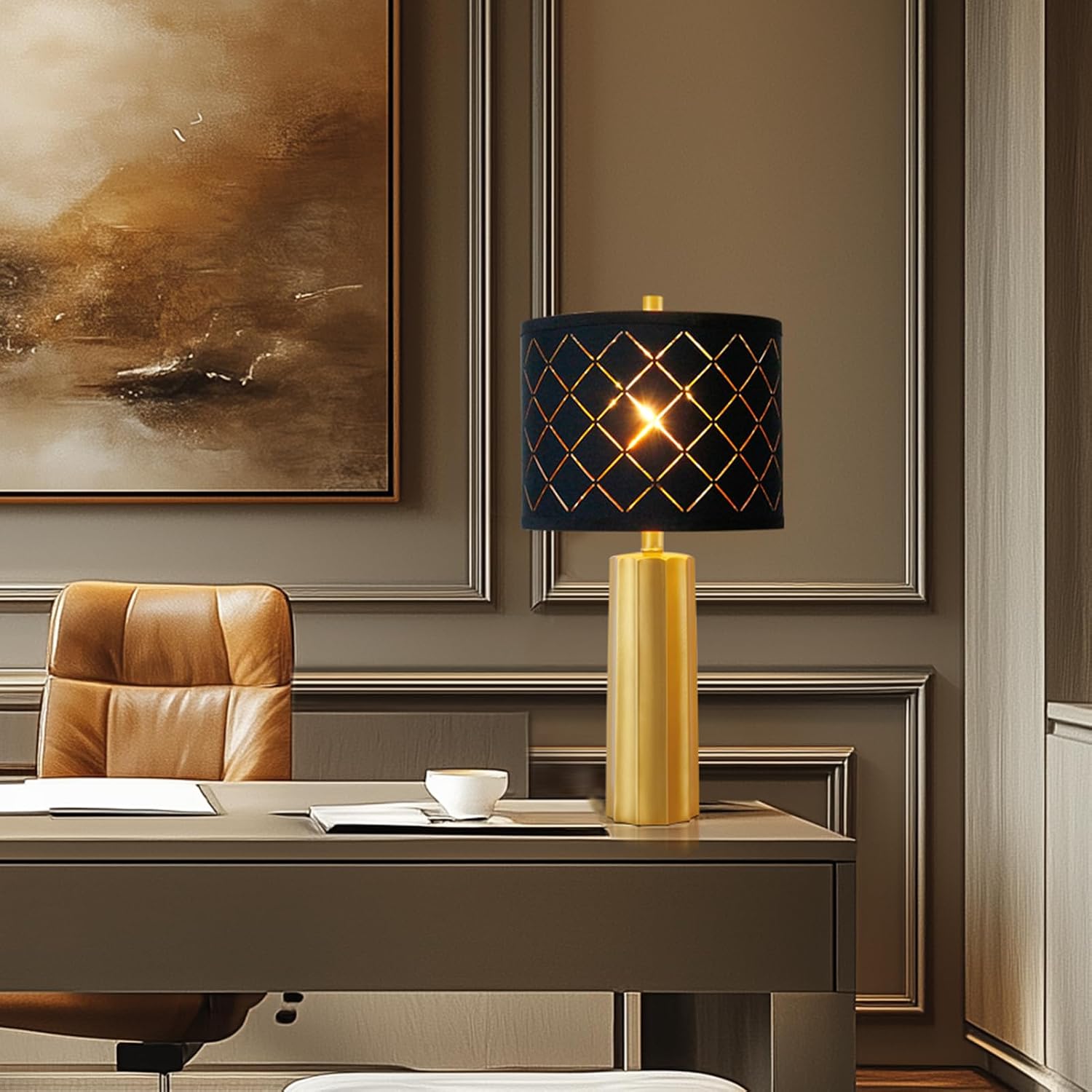 24" Modern Table Lamp for Living Room Bedroom, Gold Nightstand Resin Lamp with Black Grid Shade