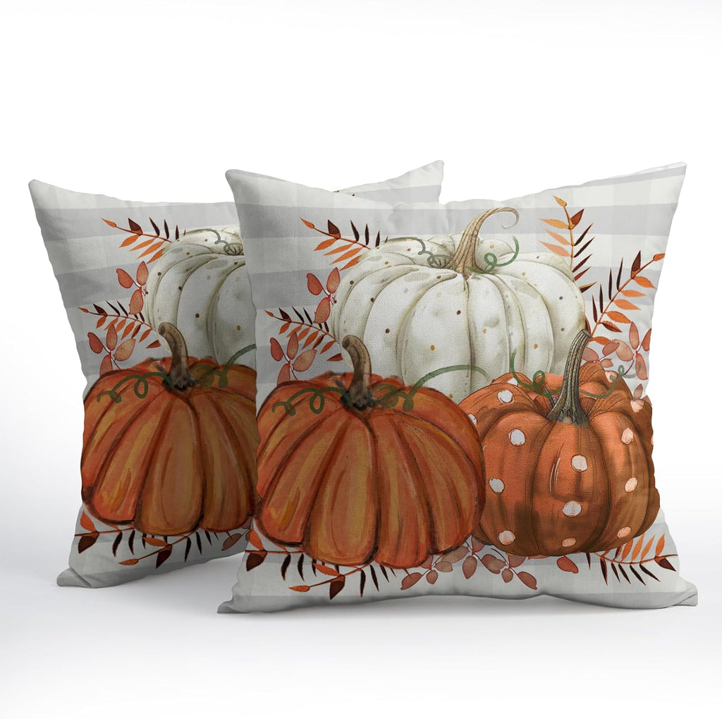 Fall Pumpkins Outdoor Pillows 20x20 Inch Set of 2 Autumn Harvest Pumpkin Pillowcase Buffalo Plaid Maple Leaves Decorative Throw Cushion…