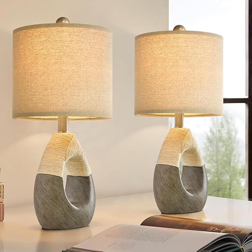 OYEARS 19” Boho Table Lamps Bedroom Living Room Set 2, Suitable for Small Space, Small Farmhouse RattanTable Lamp Rustic Egg Design Resin…