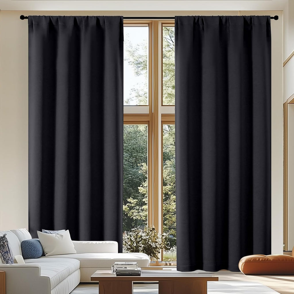 Simplebrand Ava Black Blackout Curtains for Patio 108 Inches Long 2 Panels Set, Solid Thermal Insulated Room Darkening Rod Pocket Window Tr…
