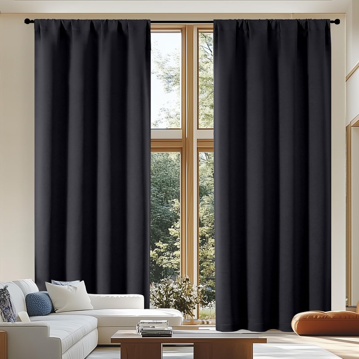 Simplebrand Ava Black Blackout Curtains for Patio 108 Inches Long 2 Panels Set, Solid Thermal Insulated Room Darkening Rod Pocket Window Tr…