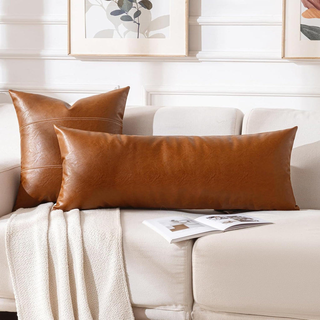 Fancy Homi Brown Boho Long Lumbar Faux Leather Body Decorative Throw Pillow Cover 14x36 Inch for Bedroom Couch Bed Bench, Thick Stylish…