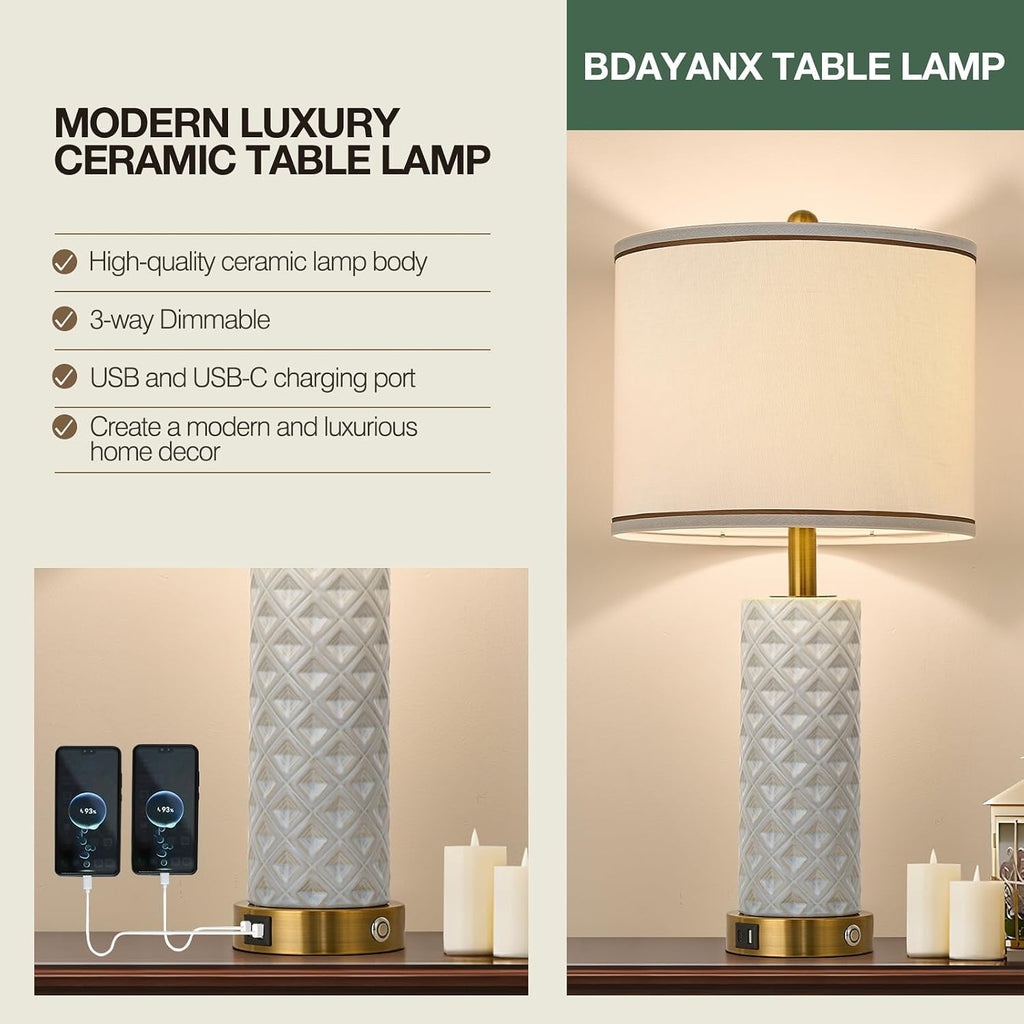Set of 2 Table Lamp for Living Room Bedroom Farmhouse,26'' Touch Control Bedroom Ceramic Lamps 3-Way Dimmable Bedside Lamps with USB A+C…