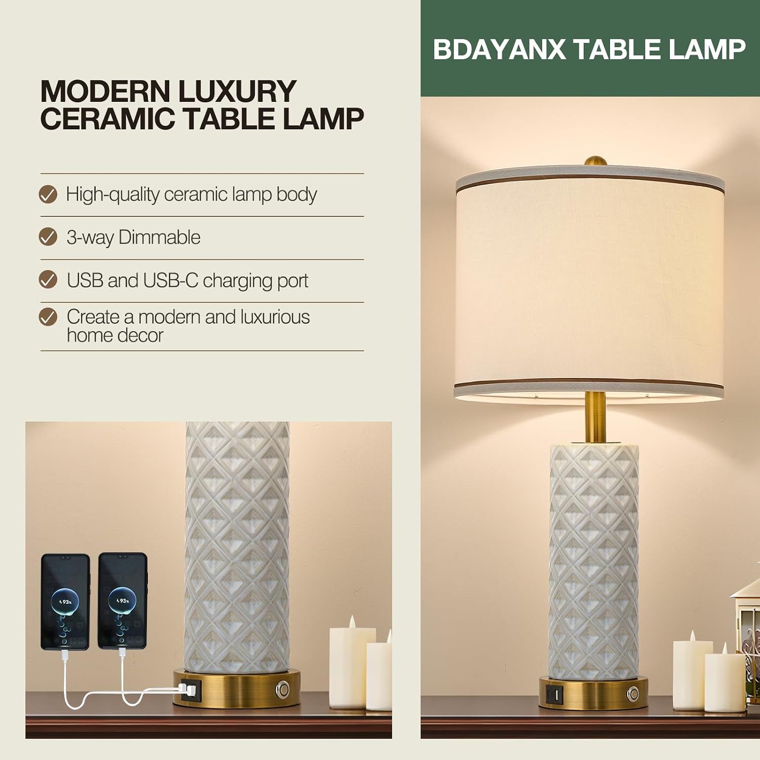 Set of 2 Table Lamp for Living Room Bedroom Farmhouse,26'' Touch Control Bedroom Ceramic Lamps 3-Way Dimmable Bedside Lamps with USB A+C…