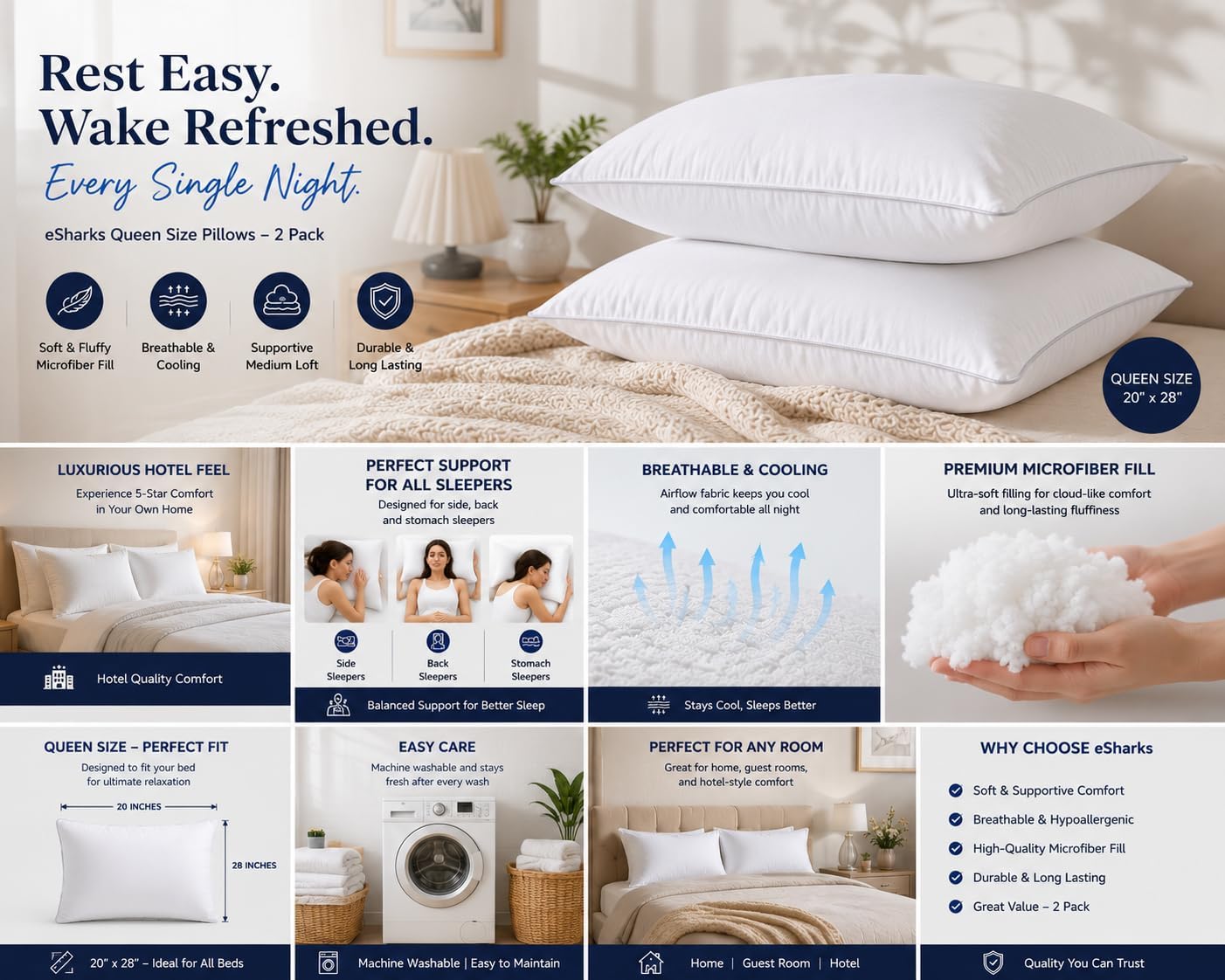 Bed Pillows Standard Queen Size, 2 Pack Soft Sleeping Pillows for Bed, Medium Loft Supportive Pillows for Side Back & Stomach Sleepers…