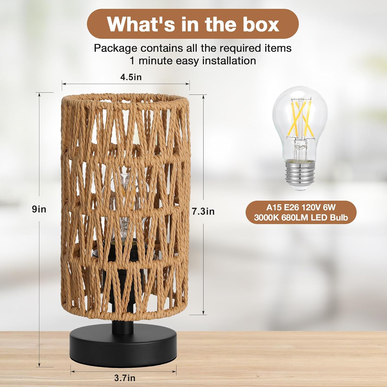 Fenmzee Small Table Lamp for Bedroom - Inline Control, Bedside Lamp with 3000K A15 LED Blub, Easy Assembly(Rattan Rope Shade-Black…