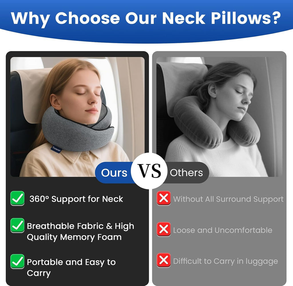 Travel Pillow Memory Foam Neck Pillow for Airplanes Long Flight Comfort 360° Support Airplane Pillow Design for Car Rides, and Home Use…
