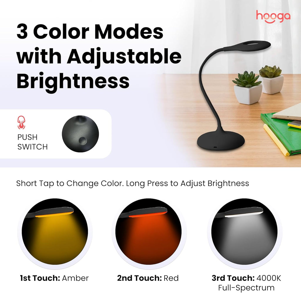 hooga Desk Lamp, Blue Light Blocking, 3 Modes: Amber 1600K, Red, Full-Spectrum 4000K, Dimmable, Rechargeable, Eye Strain Relief…