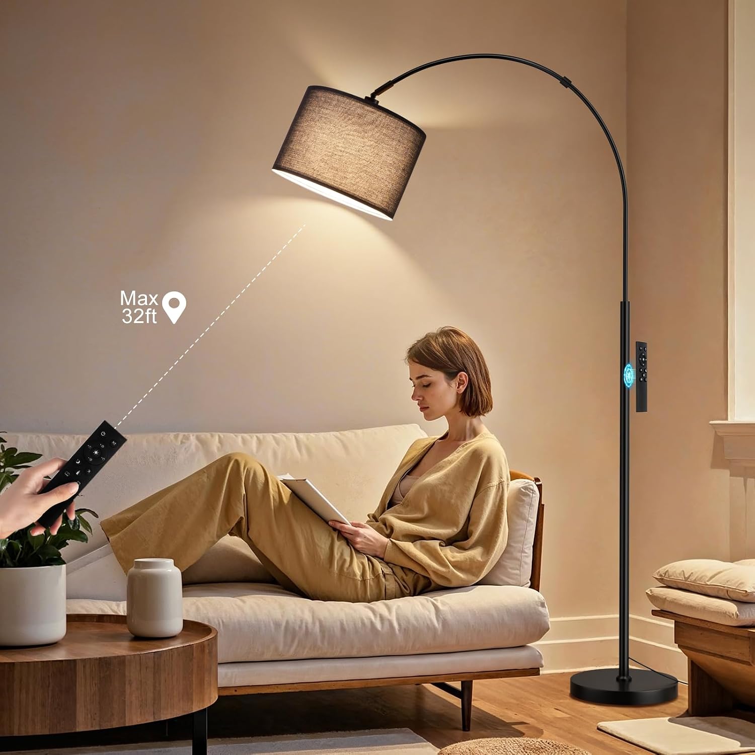 Ambimall Dimmable Arc Floor Lamp with Remote, Color Temperatures and Brightness Adjustable, Arched Floor Lamp with Rotating Head, Over…