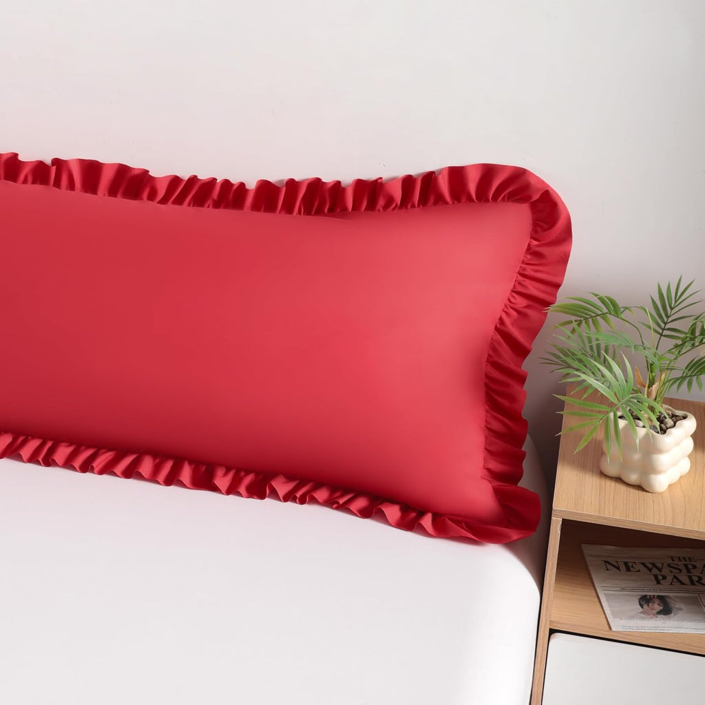 Bedsum Ruffled Body Pillowcase, 20x54 Body Pillow Cover, Brushed Microfiber with Envelope Closure, Soft Wrinkle-Resistant, Red Red