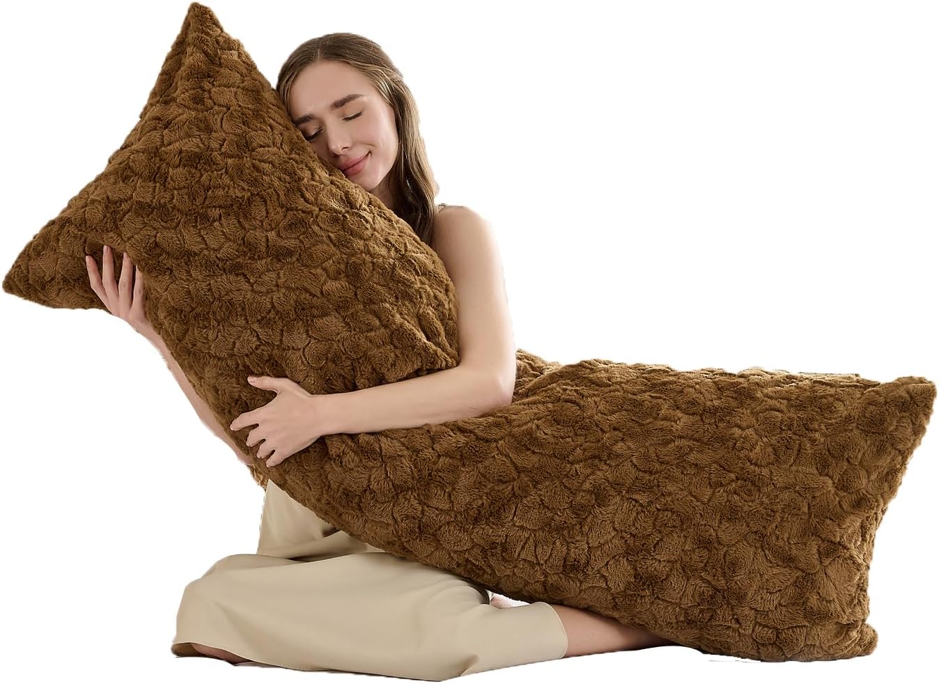 HKMR Fluffy Faux Rabbit Fur Body Pillow, Memory Foam Pregnancy Pillow for Side Sleep Body Pillow,20x54 Long Pillow for Adults-Brown 2…