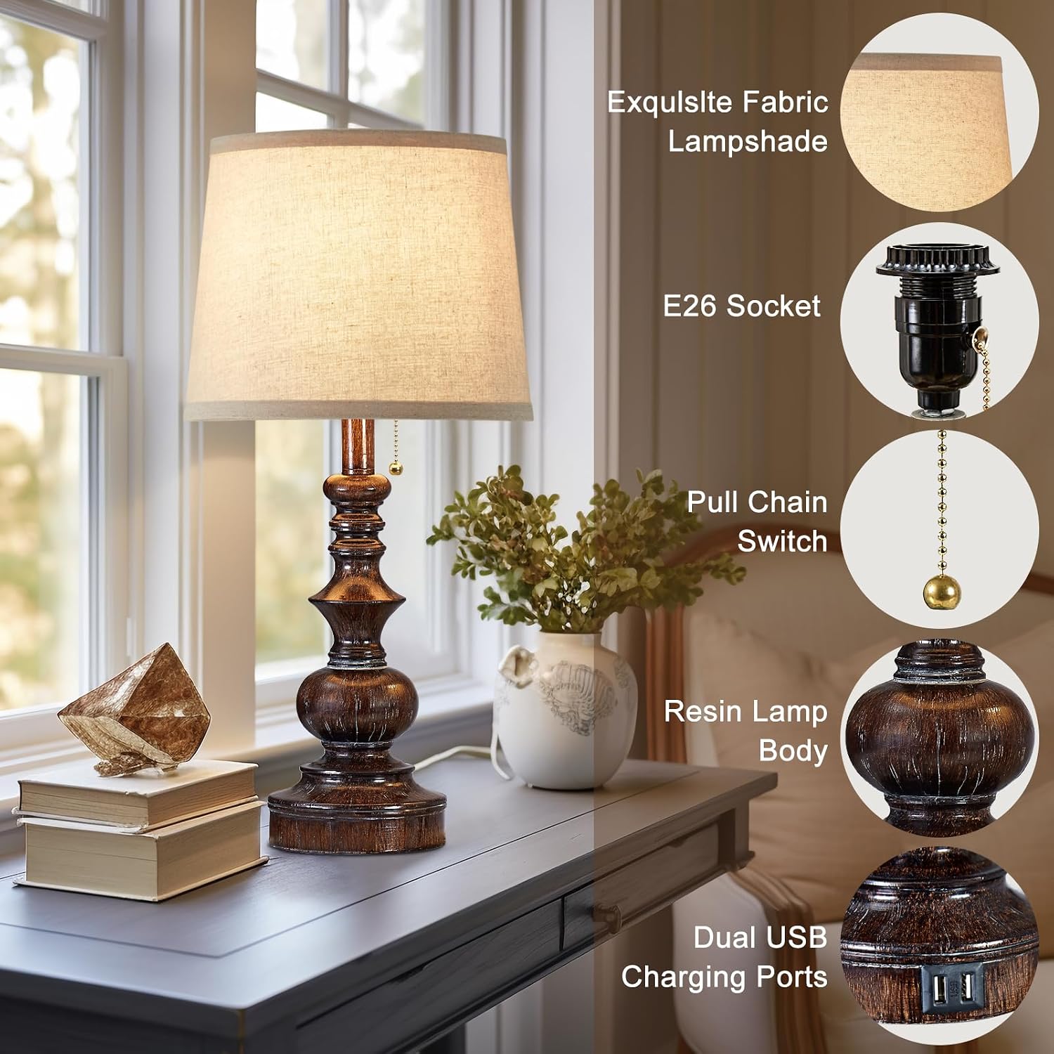 Drawealth Vintage Bedside Table Lamps Set of 2 for Bedroom Nightstand Lamps with USB Charging Ports Rustic Farmhouse Small Table Lamp for…