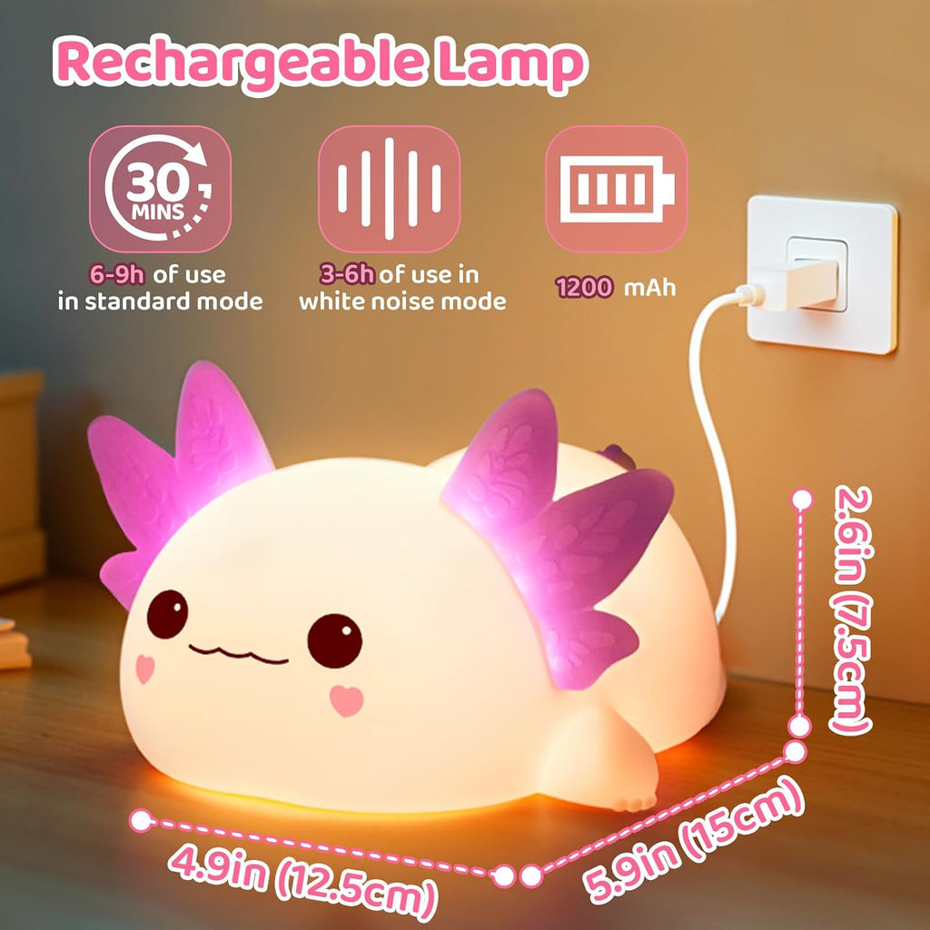 Mewaii Huggwaii Squishy Axolotl Night Light for Kids, 4 Soothing White Noise Sounds, Dimmable Silicone Axolotl Lamp Toddler Light…