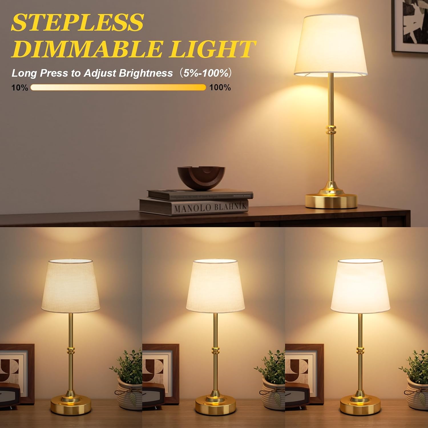 Kakanuo Rechargeable Cordless Table Lamp Gold - 2 Pack Brass 4000mAh Battery Operated Lamp, 3000K Warm Light, Touch Control Stepless…