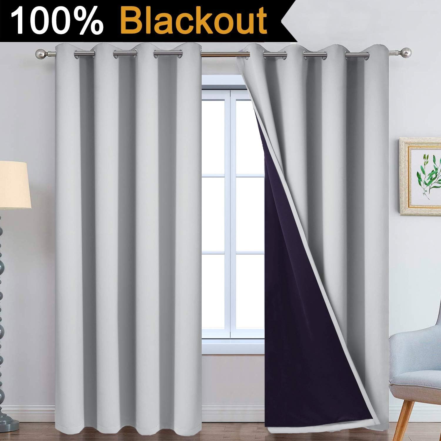 Yakamok 100% Blackout Window Curtain Panels, Heat and Full Light Blocking Drapes with Black Liner for Nursery, Thermal Insulated Draperies (…