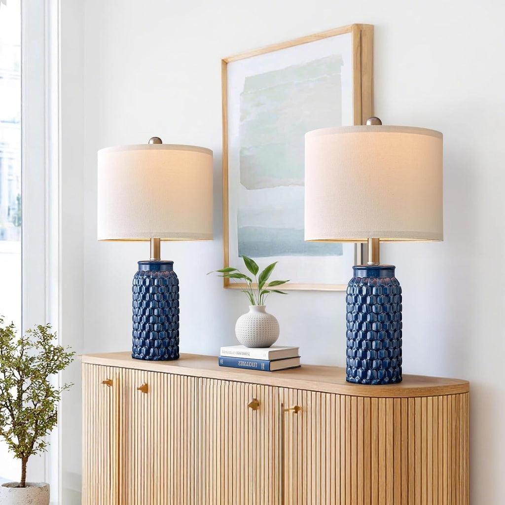 20.5" Small Bedside Lamps Set of 2 with 5FT Cord, Blue Ceramic Modern Farmhouse Table Lamps for Nightstand, Living Room, Bedroom, 3D…