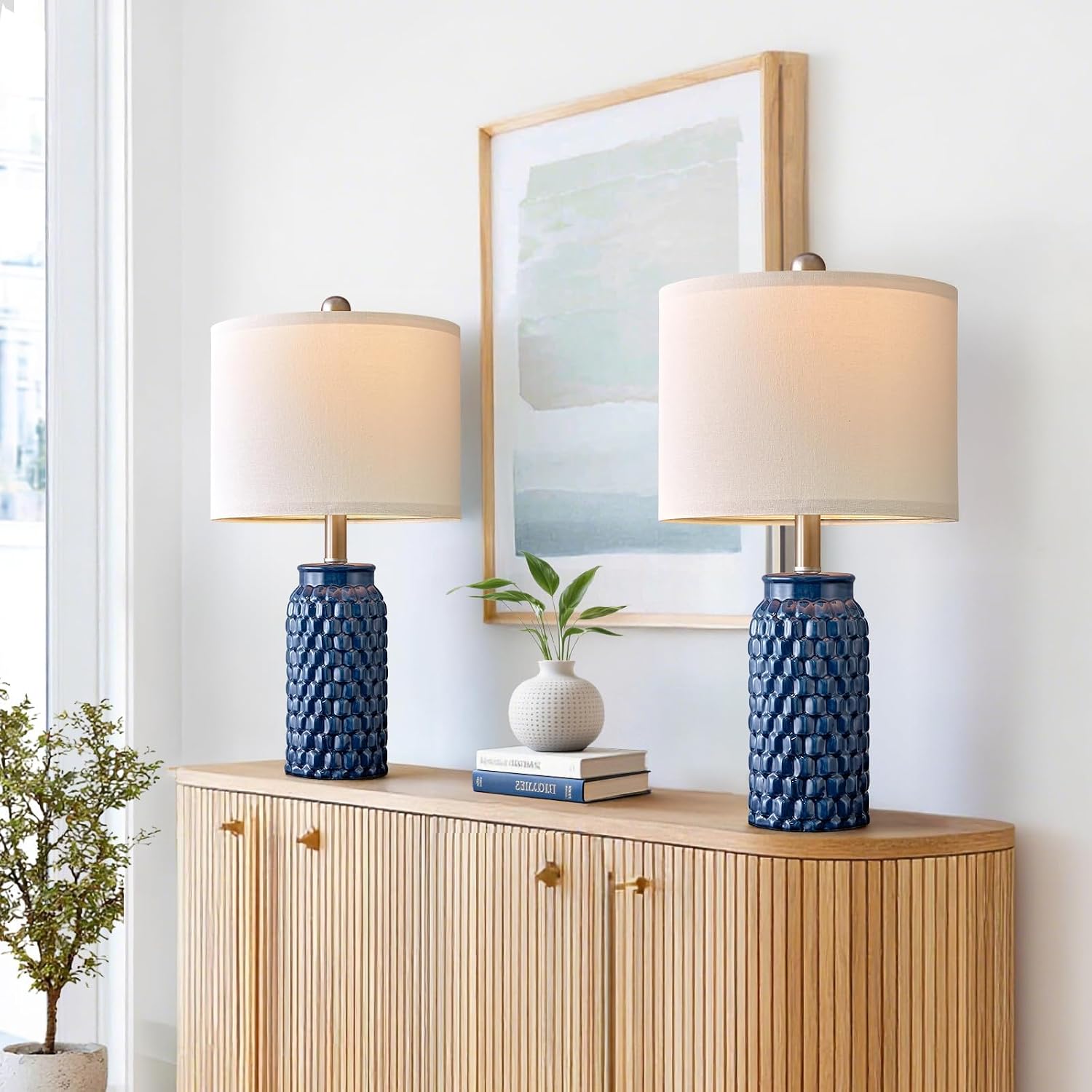 20.5" Small Bedside Lamps Set of 2 with 5FT Cord, Blue Ceramic Modern Farmhouse Table Lamps for Nightstand, Living Room, Bedroom, 3D…