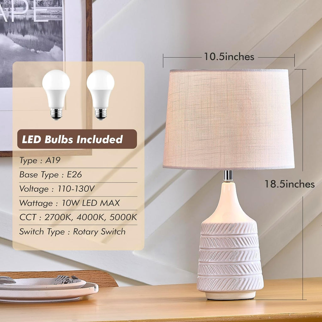 White Ceramic Table Lamps Set of 2, Decor Farmhouse Lamps for Living Room End Tables, 18.5" Bedside Lamps for Night Stands, Modern Boho…