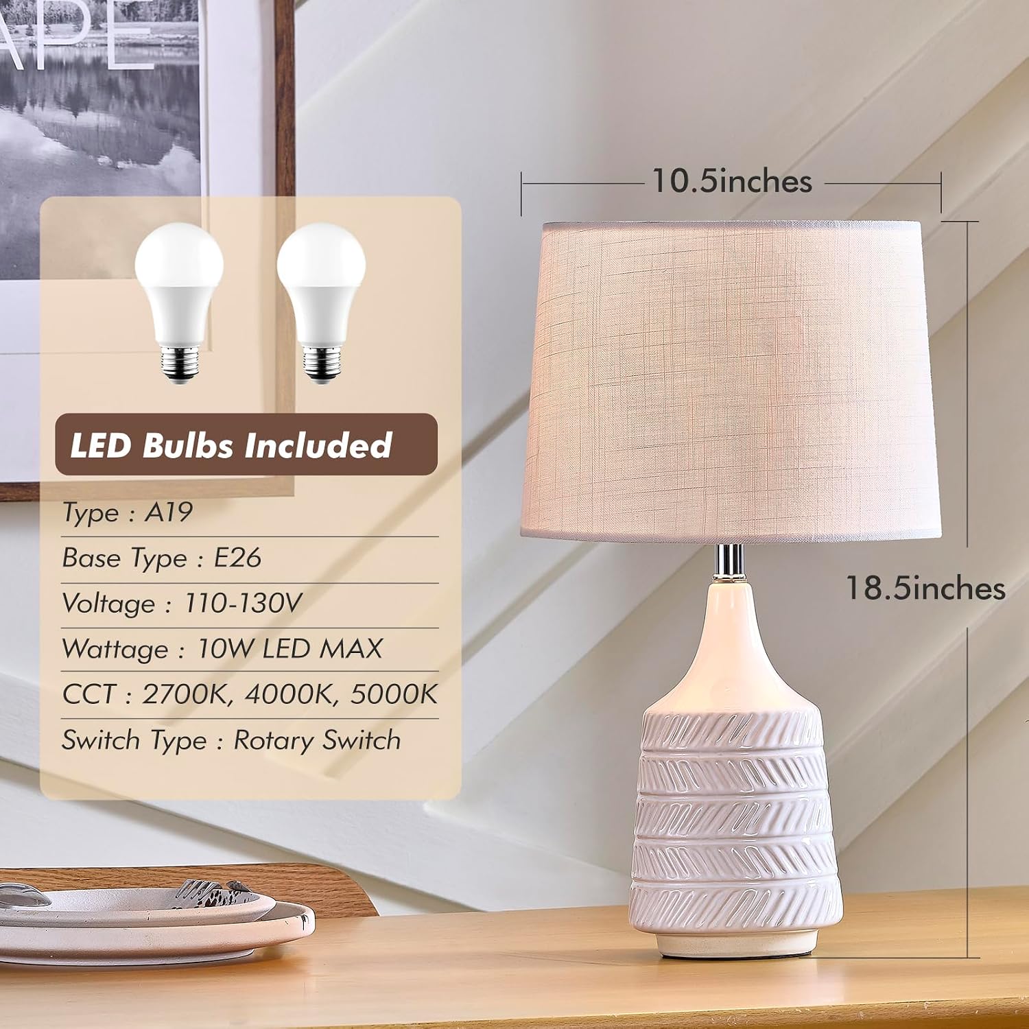 White Ceramic Table Lamps Set of 2, Decor Farmhouse Lamps for Living Room End Tables, 18.5" Bedside Lamps for Night Stands, Modern Boho…