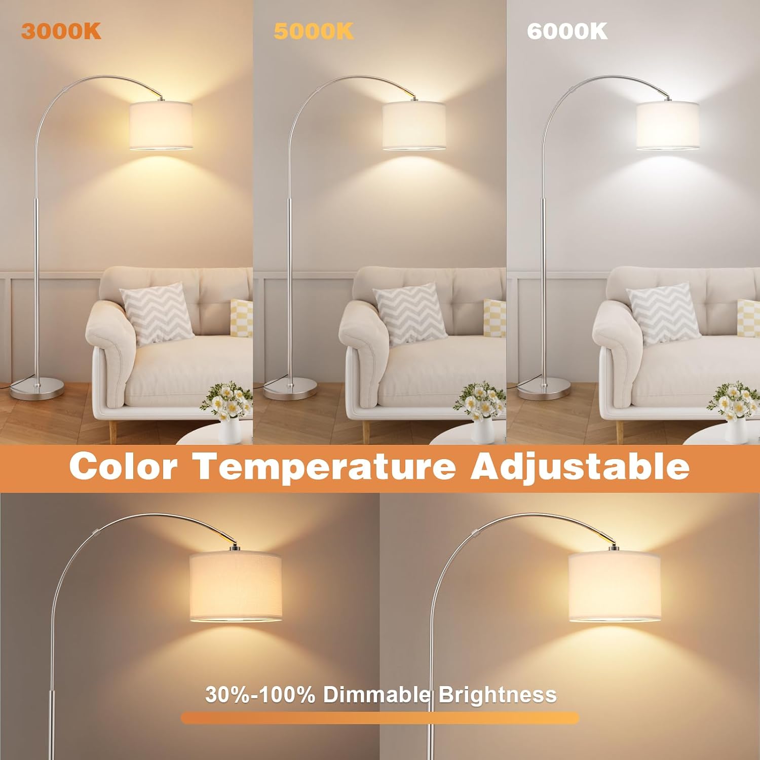Ambimall Dimmable Arc Floor Lamp with Remote, Color Temperatures and Brightness Adjustable, Arched Floor Lamp with Rotating Head, Over…