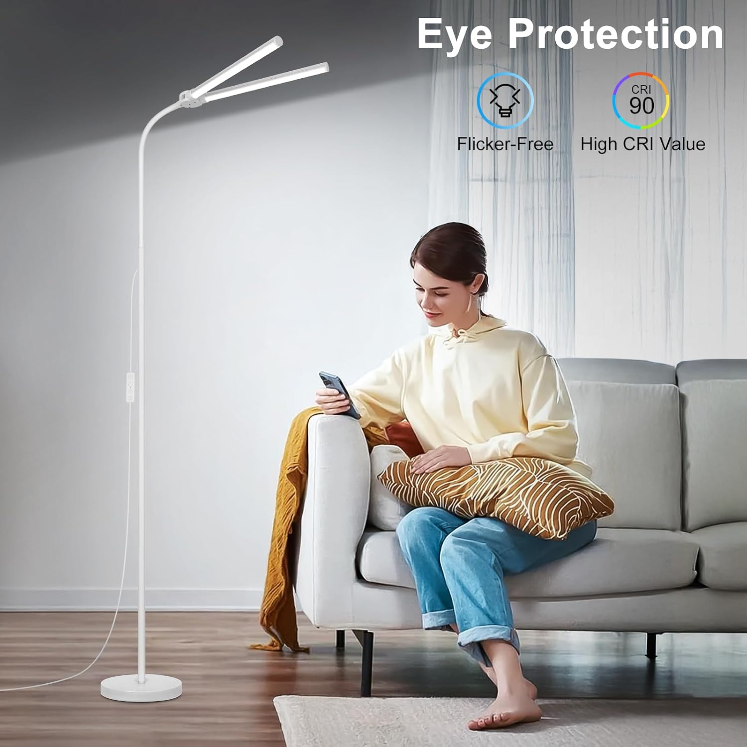 White Floor Lamp, 18W/2000LM Bright LED Floor Lamp for Living Room, Adjustable Gooseneck Dimmable Standing Office Task Lamp for Reading…