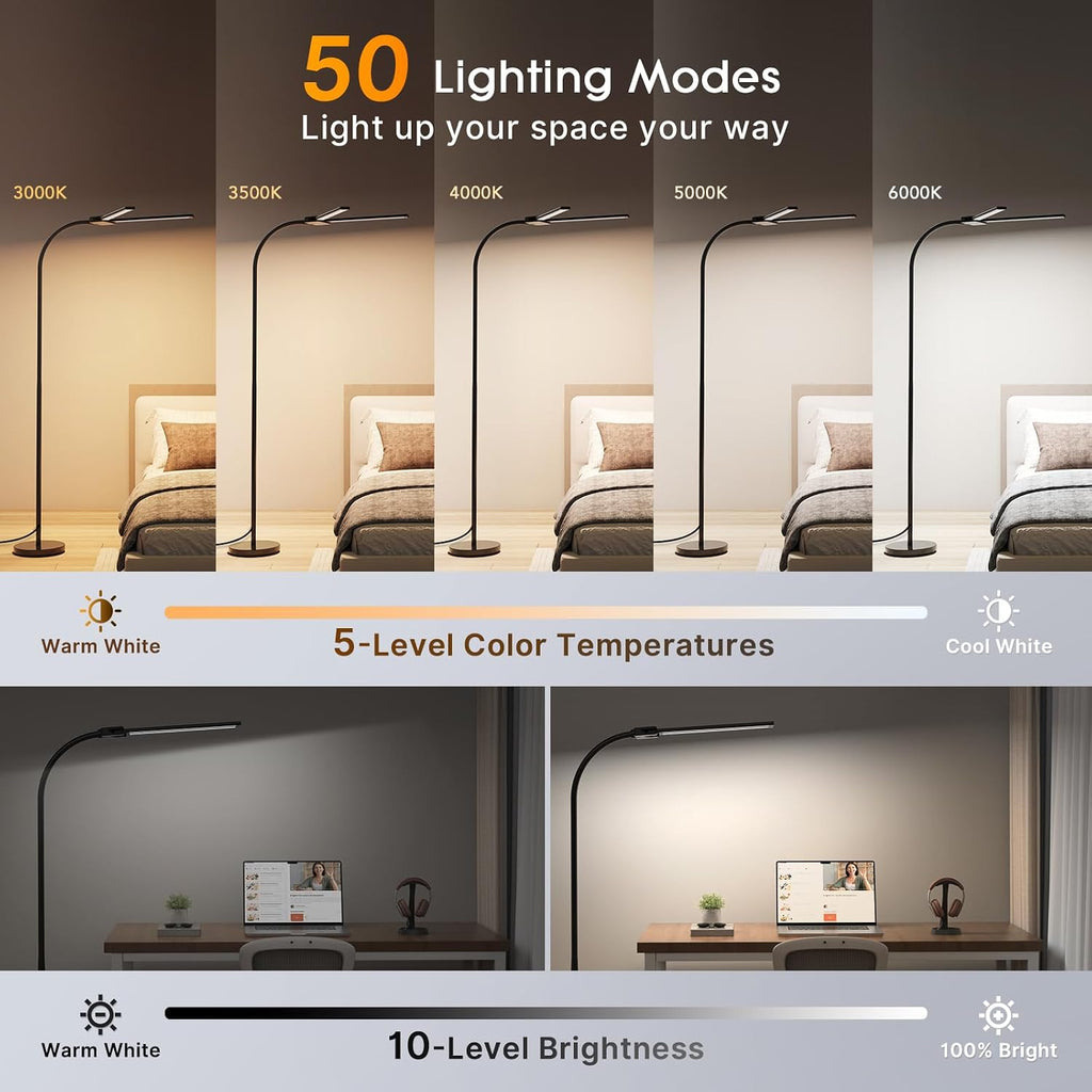 Syrinx LED Floor Lamp, 18W 2000LM Bright Reading Floor Lamp for Office, Gesture & Remote Control, Dual Head Goose-Neck Standing Lamp…
