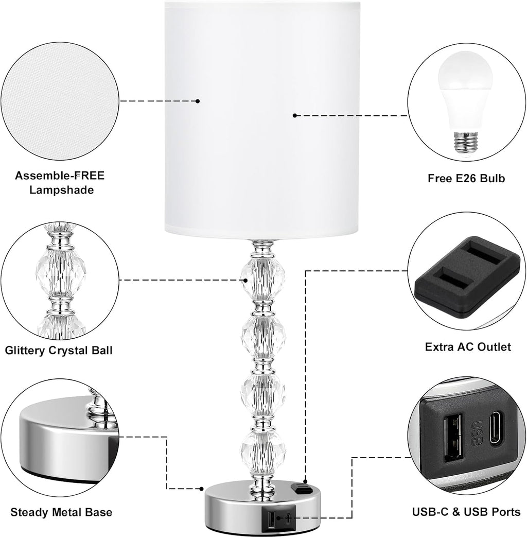 Touch Bedside Crystal Lamps for Bedrooms Nightstand with USB C+A Charging Port and AC Outlet White, 3 Way Dimmable Silver Large End Side…