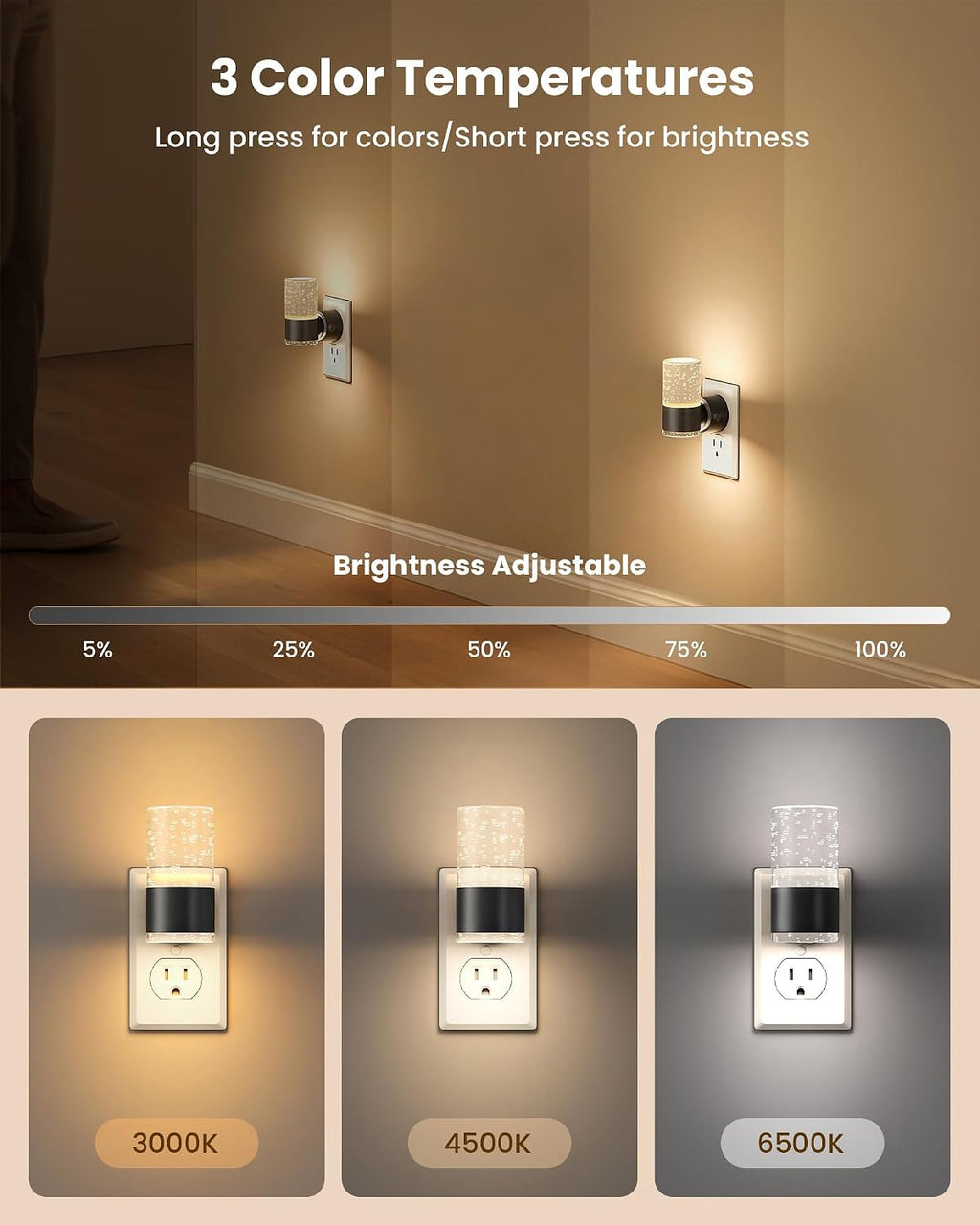 VOLISUN LED Night Lights Plug into Wall, Dimmable Night Light 3 CCT & 5 Brightness Levels, Acrylic Bubble Nightlight with Dusk to Dawn…
