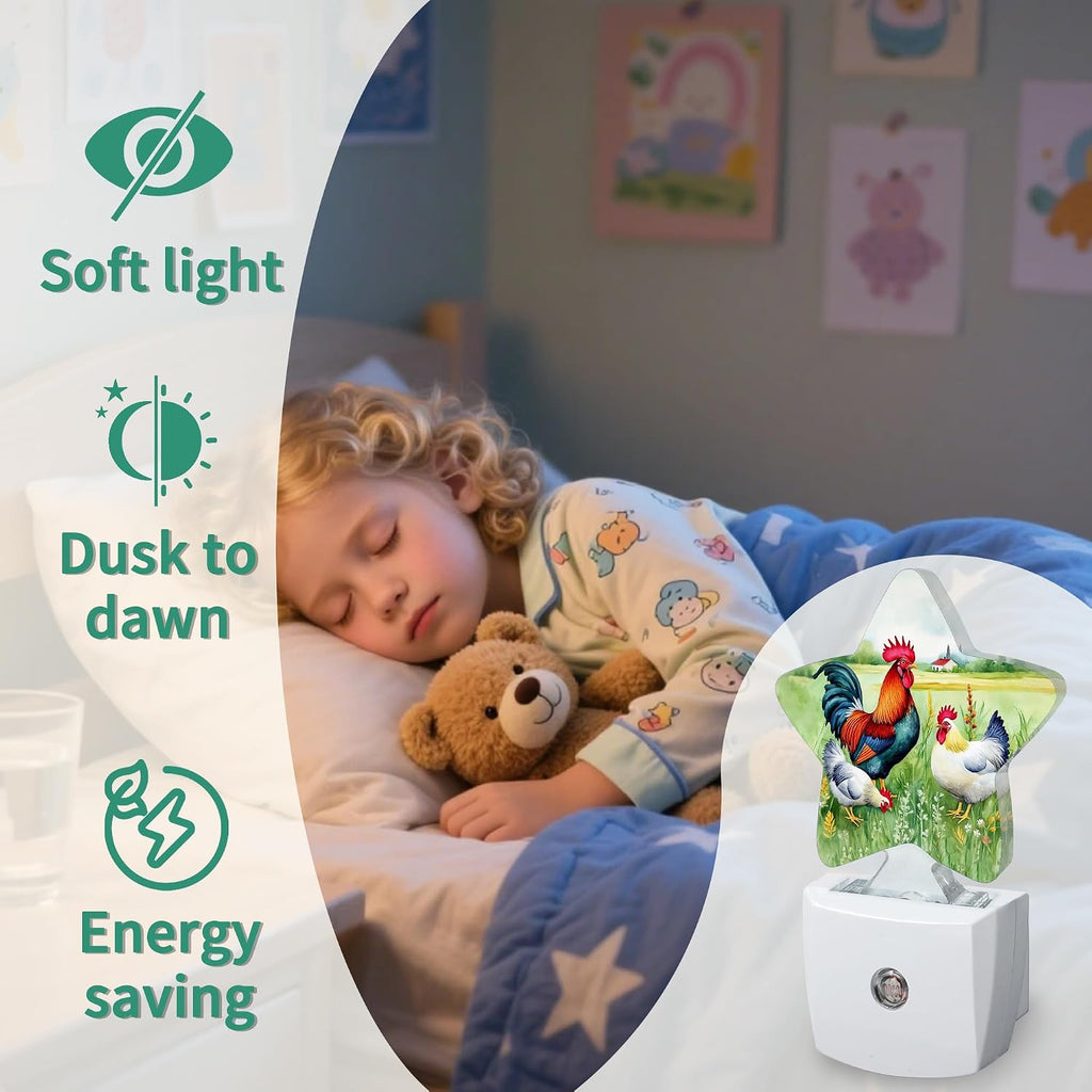 Farmhouse Rooster Star Night Light Plug in, Decorative Night Light for Kids Room Nursery Bedroom, Soft Glow Sensor Lamp for Hallway…