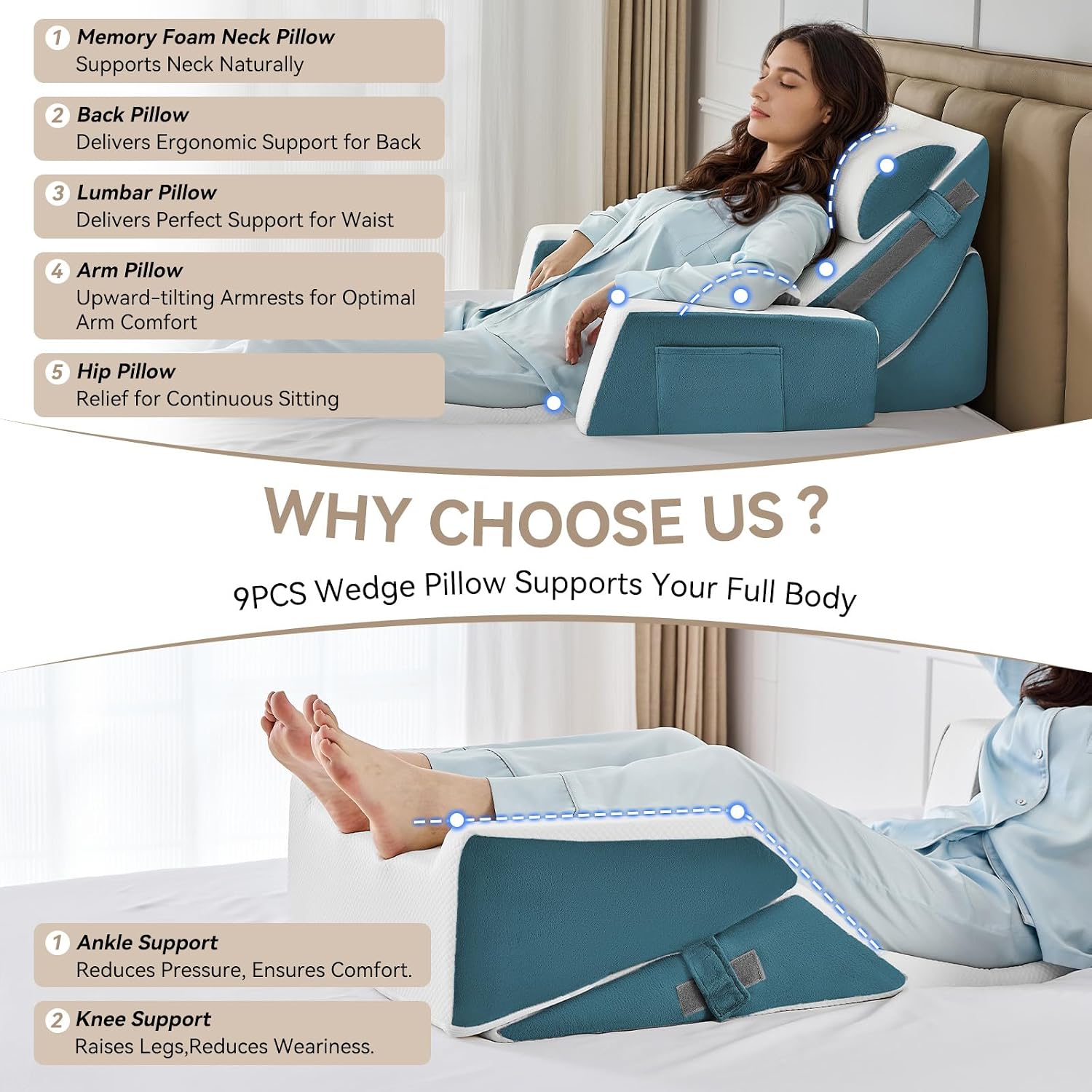 Yojoker 9PCS Orthopedic Bed Wedge Pillow Set for Sleeping, Back and Leg, Post Surgery Foam Pillow for Body, Triangle Adjustable Support Pi…