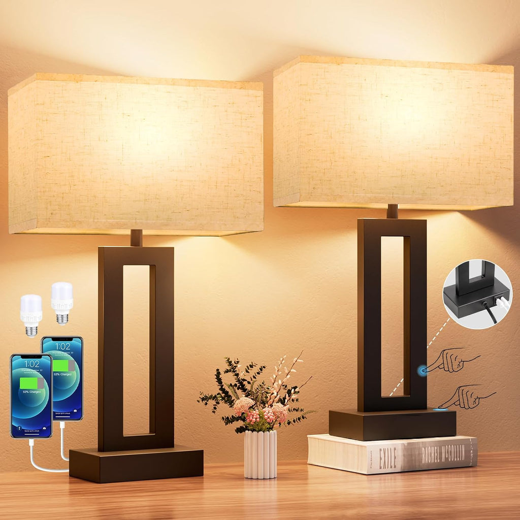 Nightstand Table Lamps for Bedrooms Set of 2 - Touch Bedside Lamp with USB C+A, 3 Way Dimmable Living Room Lamps for End Tables Set of 2…