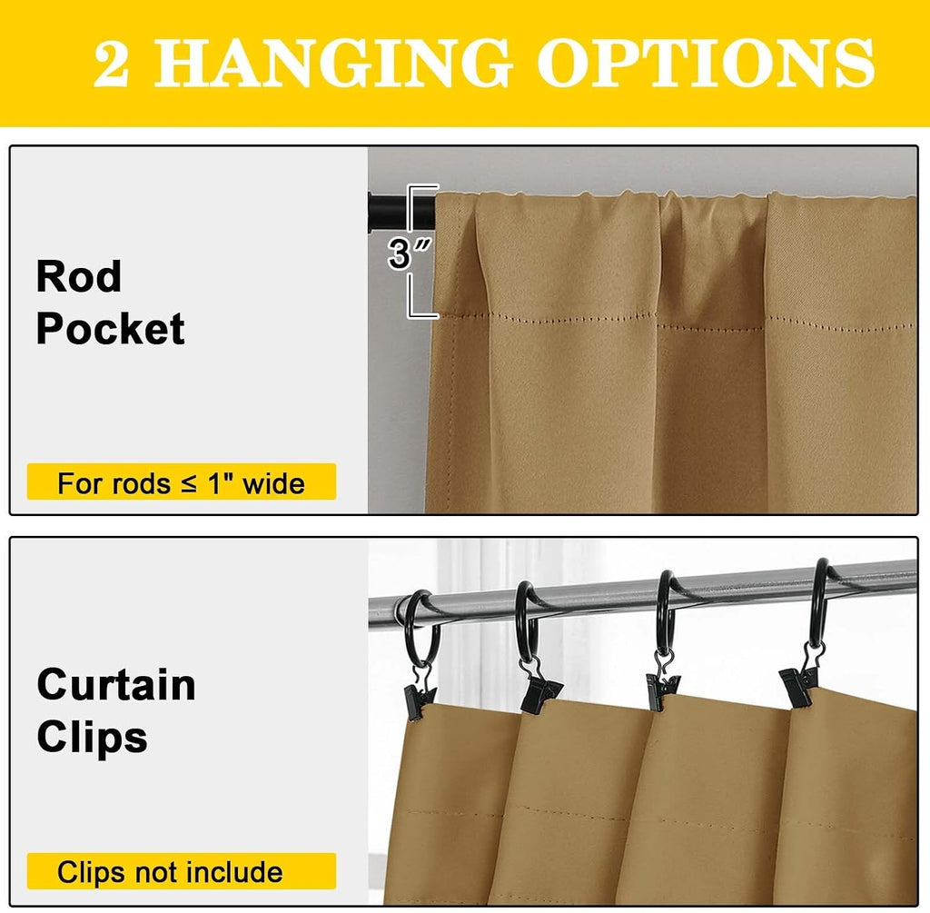 WelvetBLK Gold Room Darkening Curtains for Bedroom Living Room 45 Inch Length 2 Panels Set, Soft Solid Thermal Insulated Rod Pocket Short C…