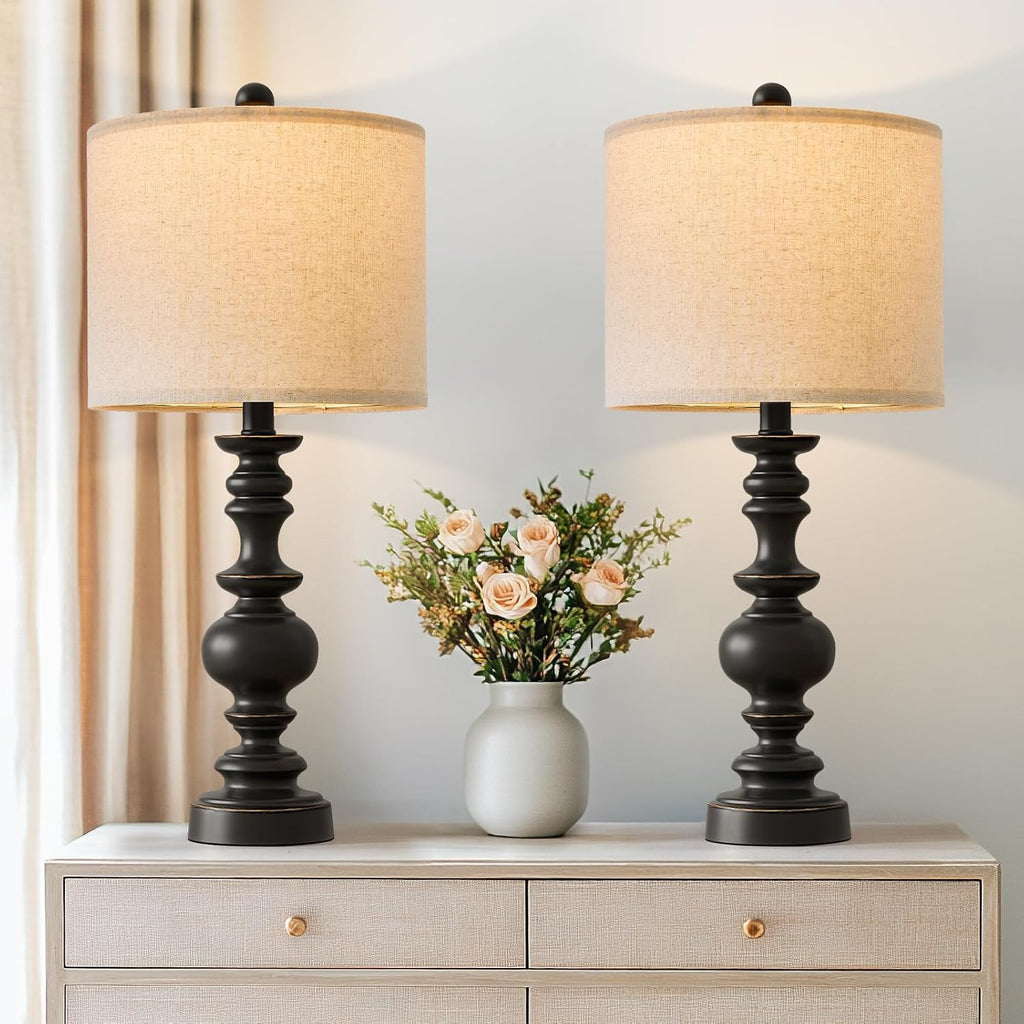 BOBOMOMO 24" Traditional Farmhouse Table Lamp Set of 2, Vintage Resin Lamps for Living Room Bedroom, Rustic Nightstand Lamp with Linen…