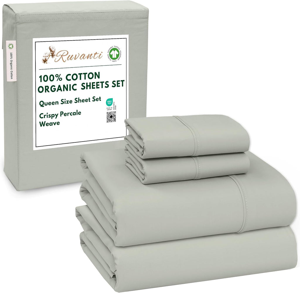 Ruvanti 100% Cotton Organic Percale Sheets Queen Size – Crisp Cooling Bed Sheets for Hot Sleepers, Deep Pocket 15”, Soft Peach Finish, Brea…