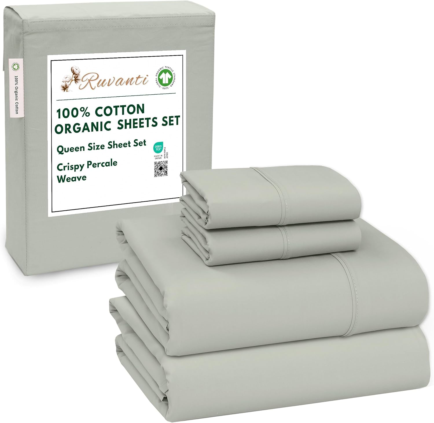 Ruvanti 100% Cotton Organic Percale Sheets Queen Size – Crisp Cooling Bed Sheets for Hot Sleepers, Deep Pocket 15”, Soft Peach Finish, Brea…