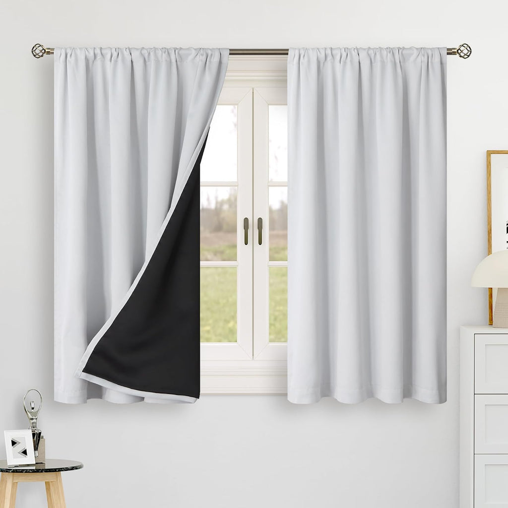 BGment Greyish White 100% Blackout 48 Inch Curtains for Small Window, Rod Pocket and Back Tab Double Layer Black Out Thermal Insulated…