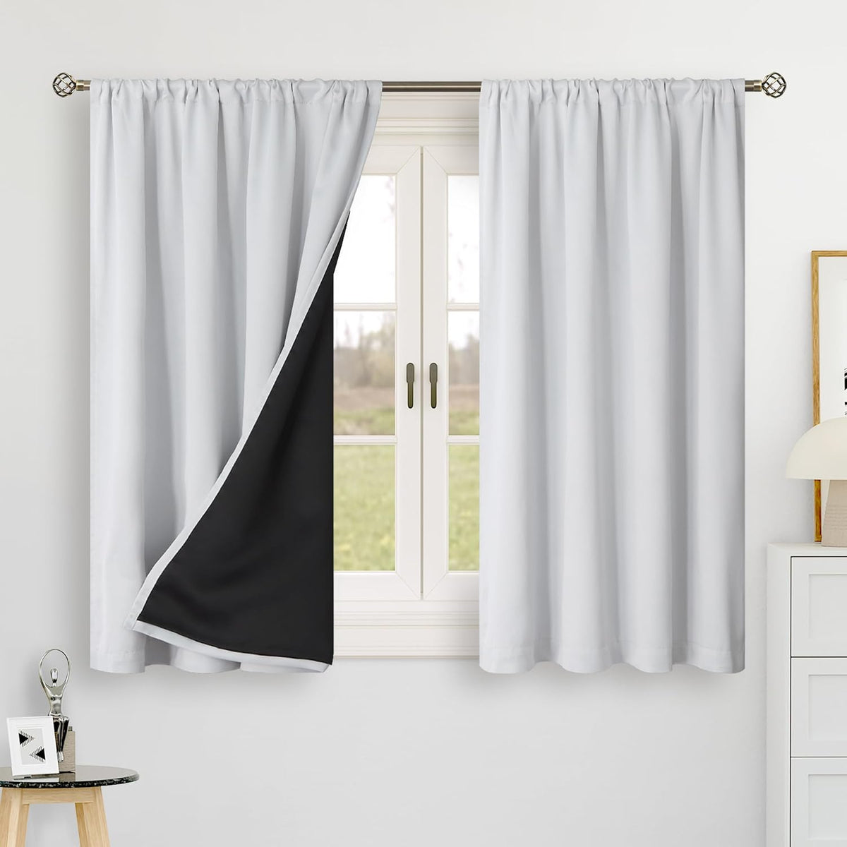 BGment Greyish White 100% Blackout 48 Inch Curtains for Small Window, Rod Pocket and Back Tab Double Layer Black Out Thermal Insulated…
